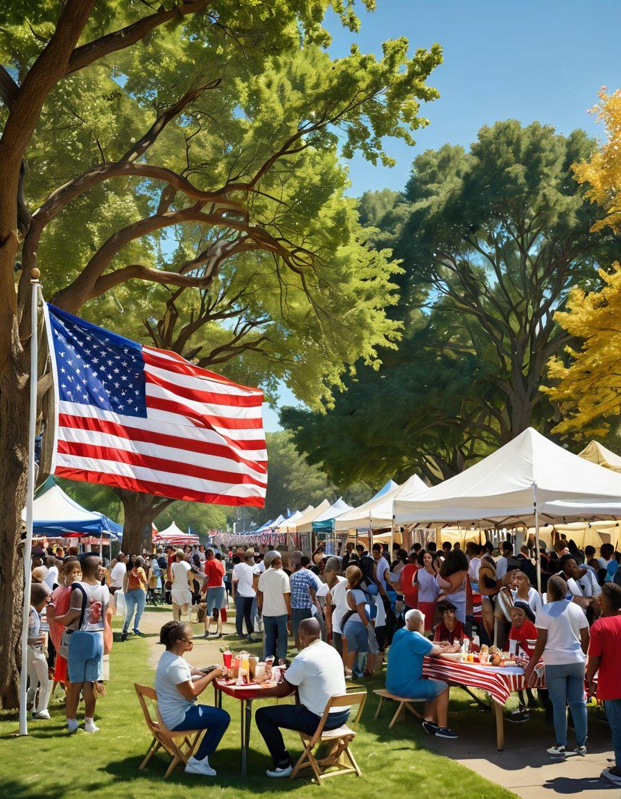 A vibrant community gathering showcasing diverse individuals of different backgrounds, united under a large American flag. Include elements like food stalls, historical displays, and cultural performances that celebrate patriotism. The background features a sunny park setting with trees and banners, emphasizing connection and togetherness. super-realistic. vibrant colors. 3D.