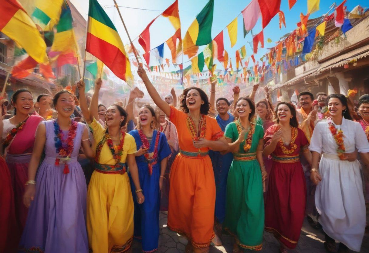 A vibrant scene depicting a diverse group of people joyfully celebrating a national festival with colorful flags waving in the background. Include traditional costumes, cultural symbols, and festive decorations that reflect national pride. Capture the essence of community and unity through laughter and smiles. super-realistic. vibrant colors. lively atmosphere.