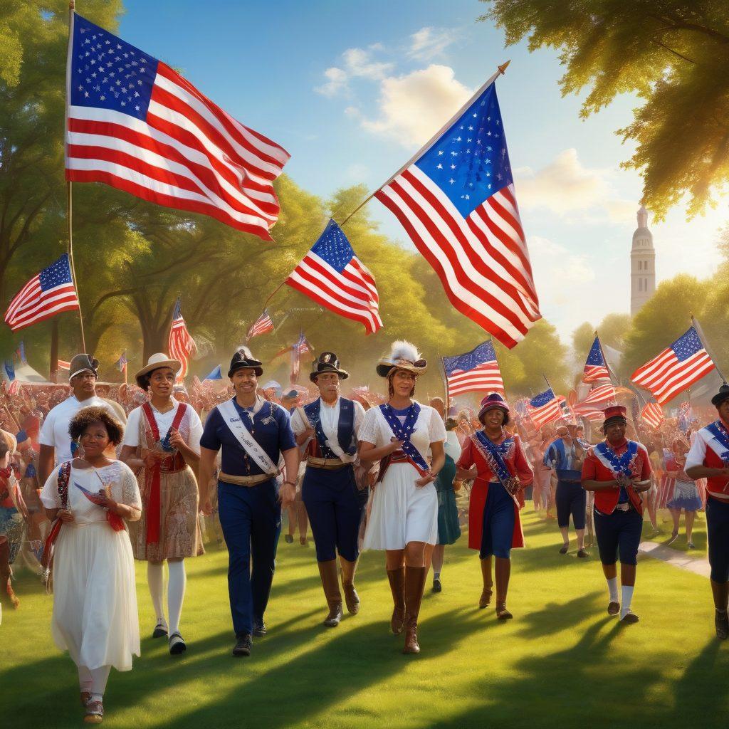 A vibrant and festive scene depicting a diverse group of people celebrating American heritage, showcasing flags, parades, and community events in a sunlit park. Include symbols of patriotism such as eagles and fireworks, with joyful expressions of unity and pride. The setting reflects a blend of tradition and modernity, emphasizing togetherness. bright colors. super-realistic.